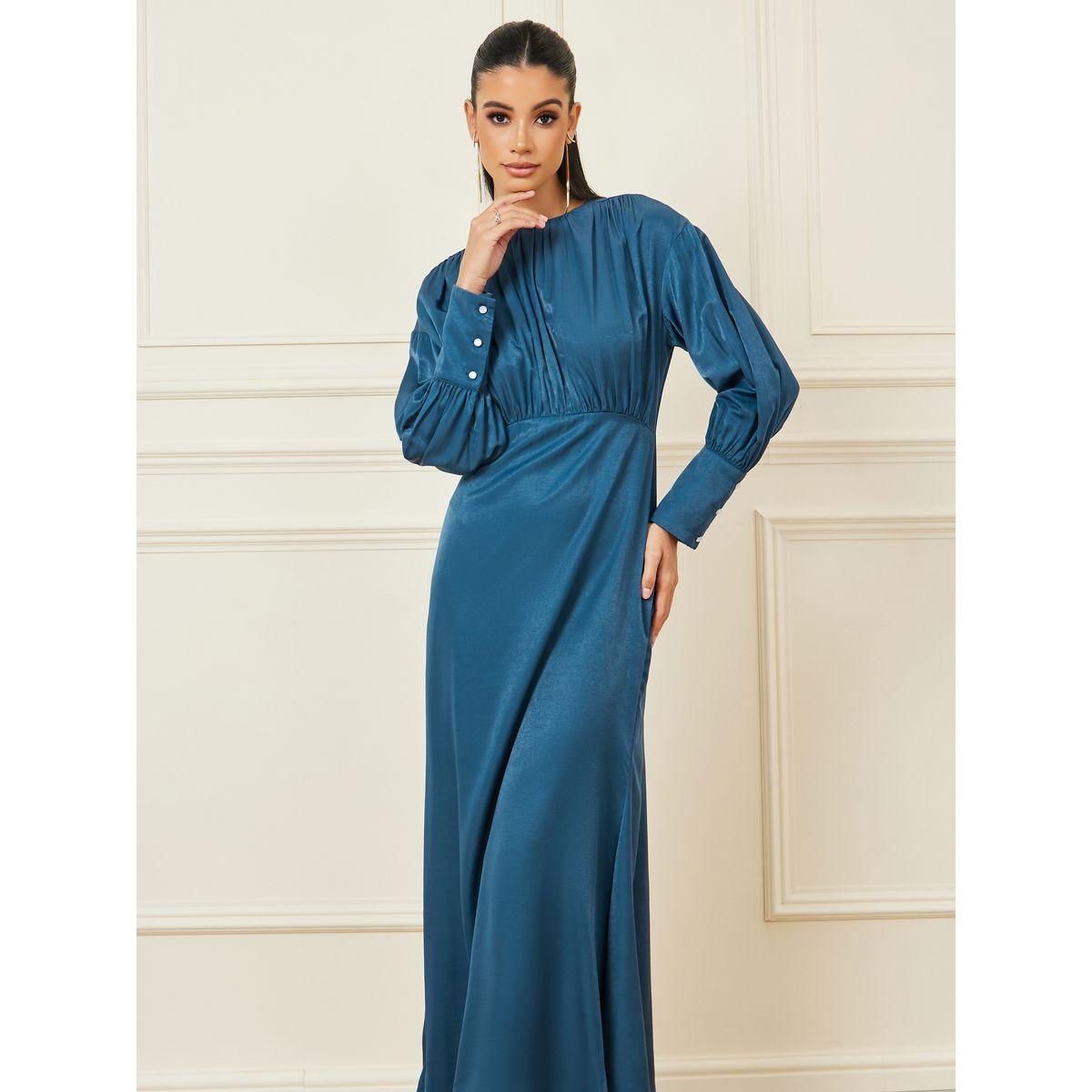 فستان طويل بكسرات واكمام مكبلة-women-clothing-dresses-image-2