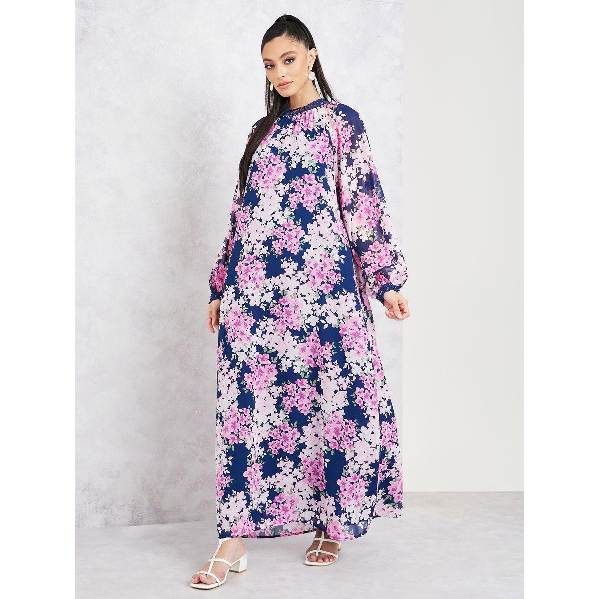 فستان طويل مطبع بزهور وتفاصيل دانتيل-women-clothing-dresses-image-1