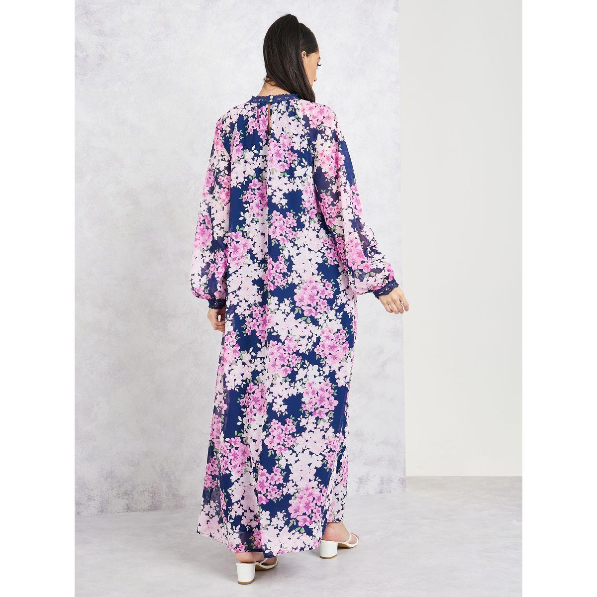 فستان طويل مطبع بزهور وتفاصيل دانتيل-women-clothing-dresses-image-4