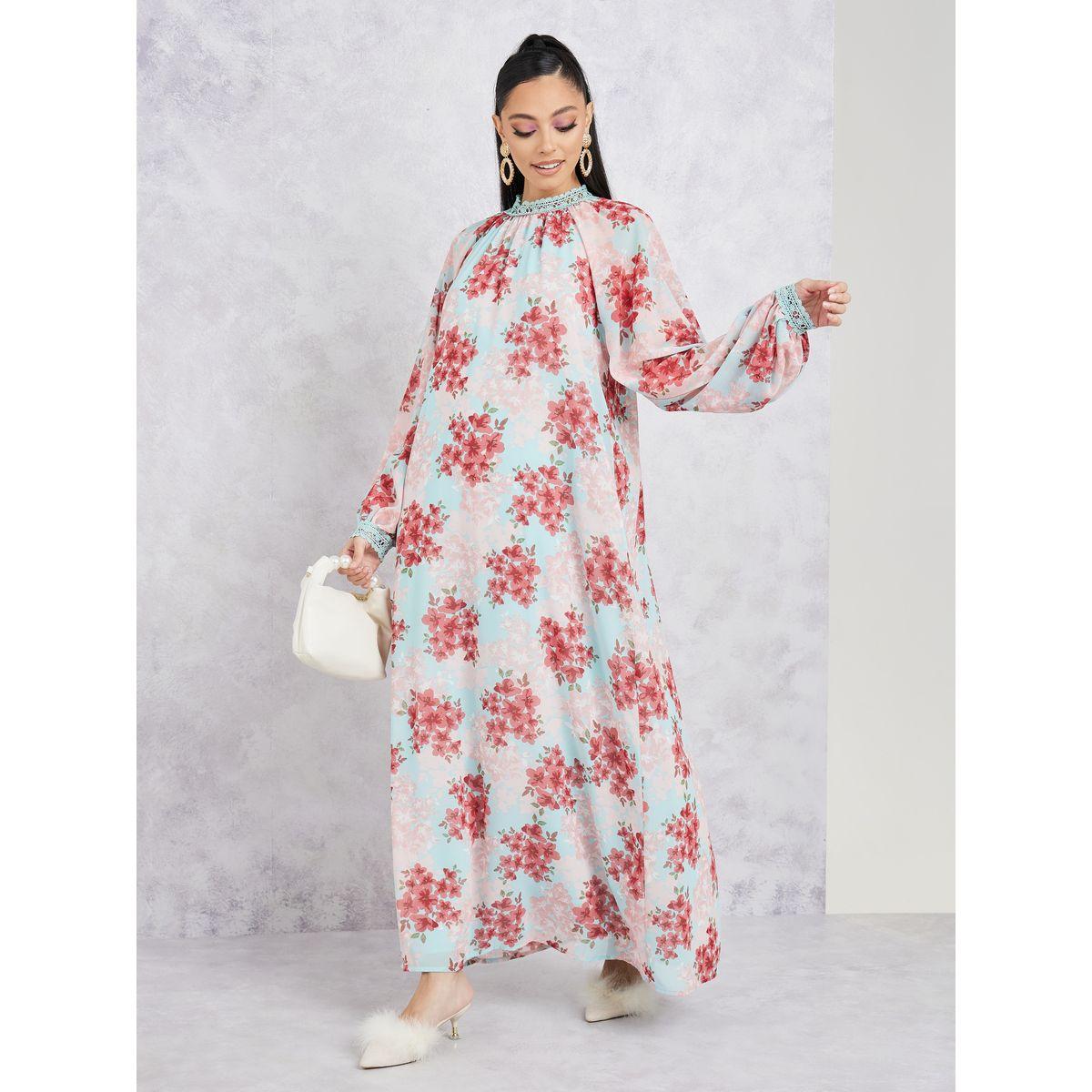 فستان طويل مطبع بزهور وتفاصيل دانتيل-women-clothing-dresses-image-1