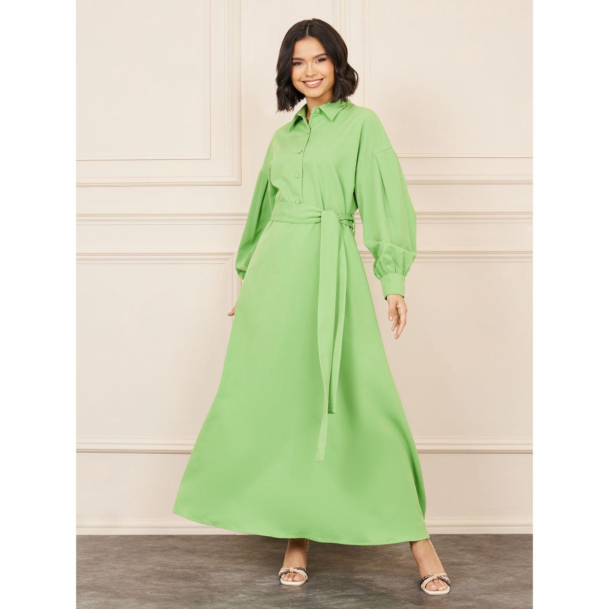 Styli Front Button Closure Collared A-Line Maxi Dress with Self Tie Up-women-clothing-dresses-image-1