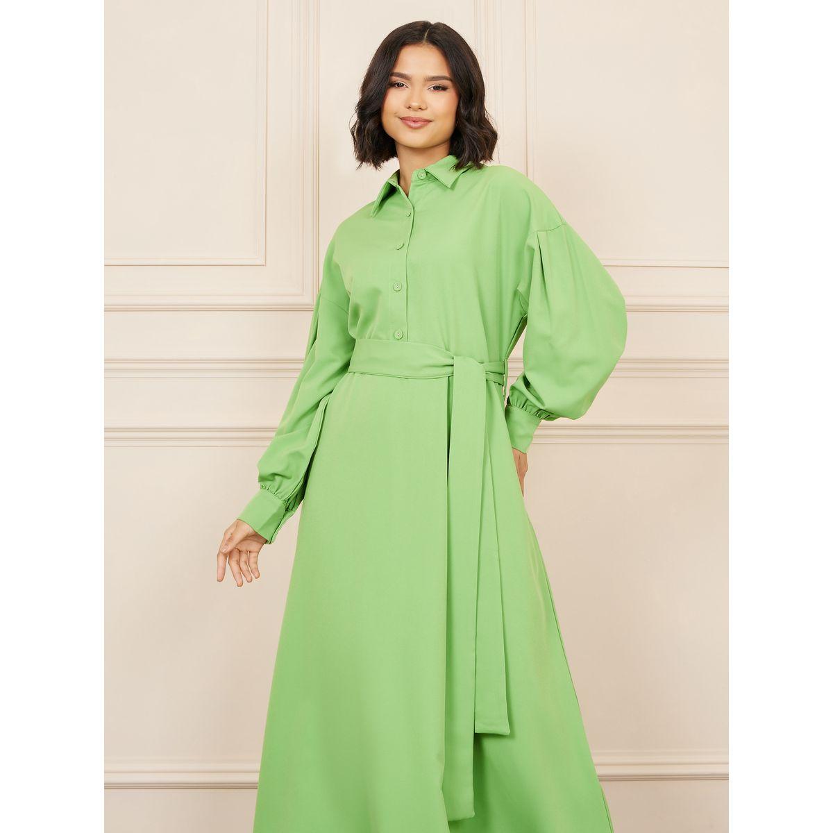 Styli Front Button Closure Collared A-Line Maxi Dress with Self Tie Up-women-clothing-dresses-image-2
