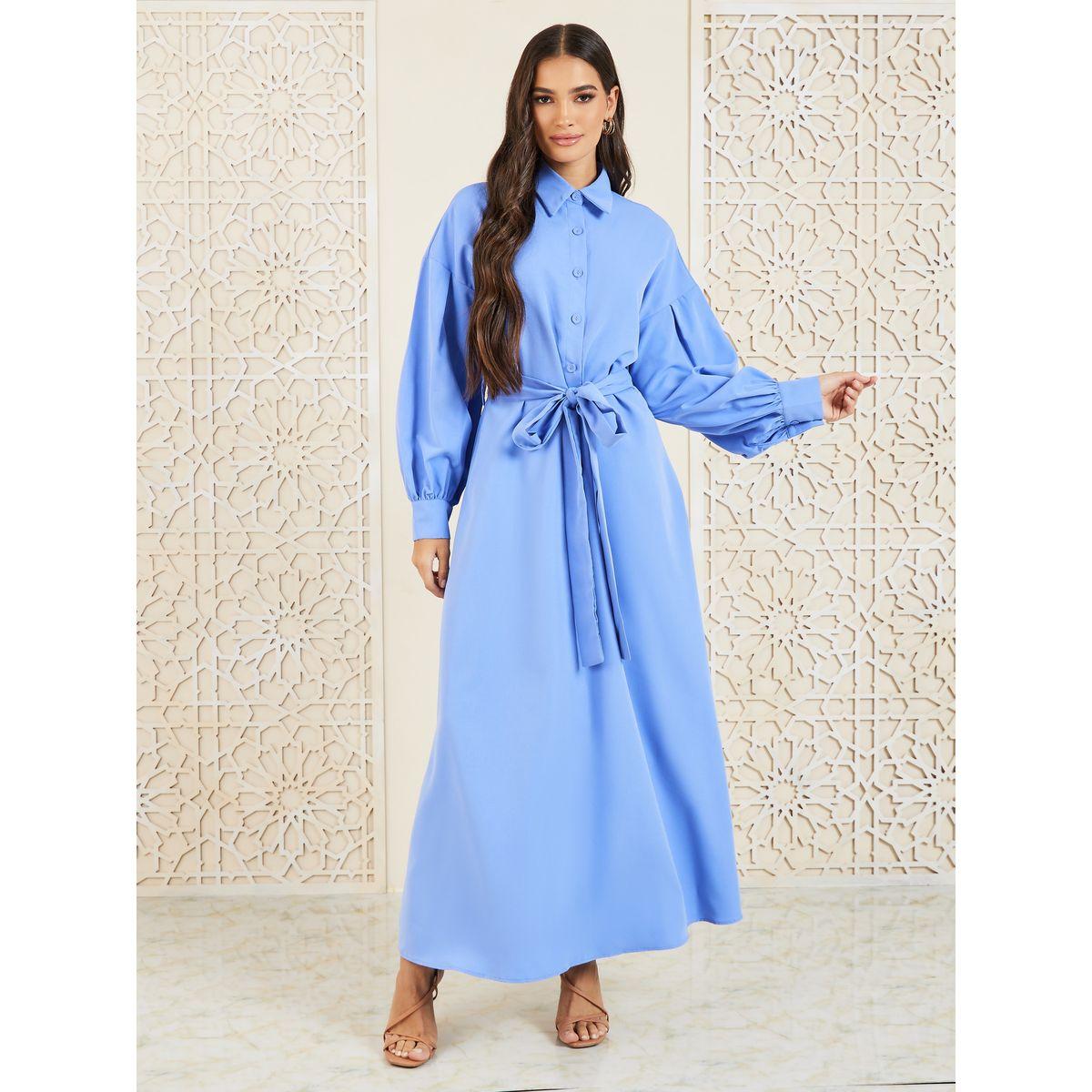 Styli Solid Collared A-Line Shirt Maxi Dress-women-clothing-dresses-image-1
