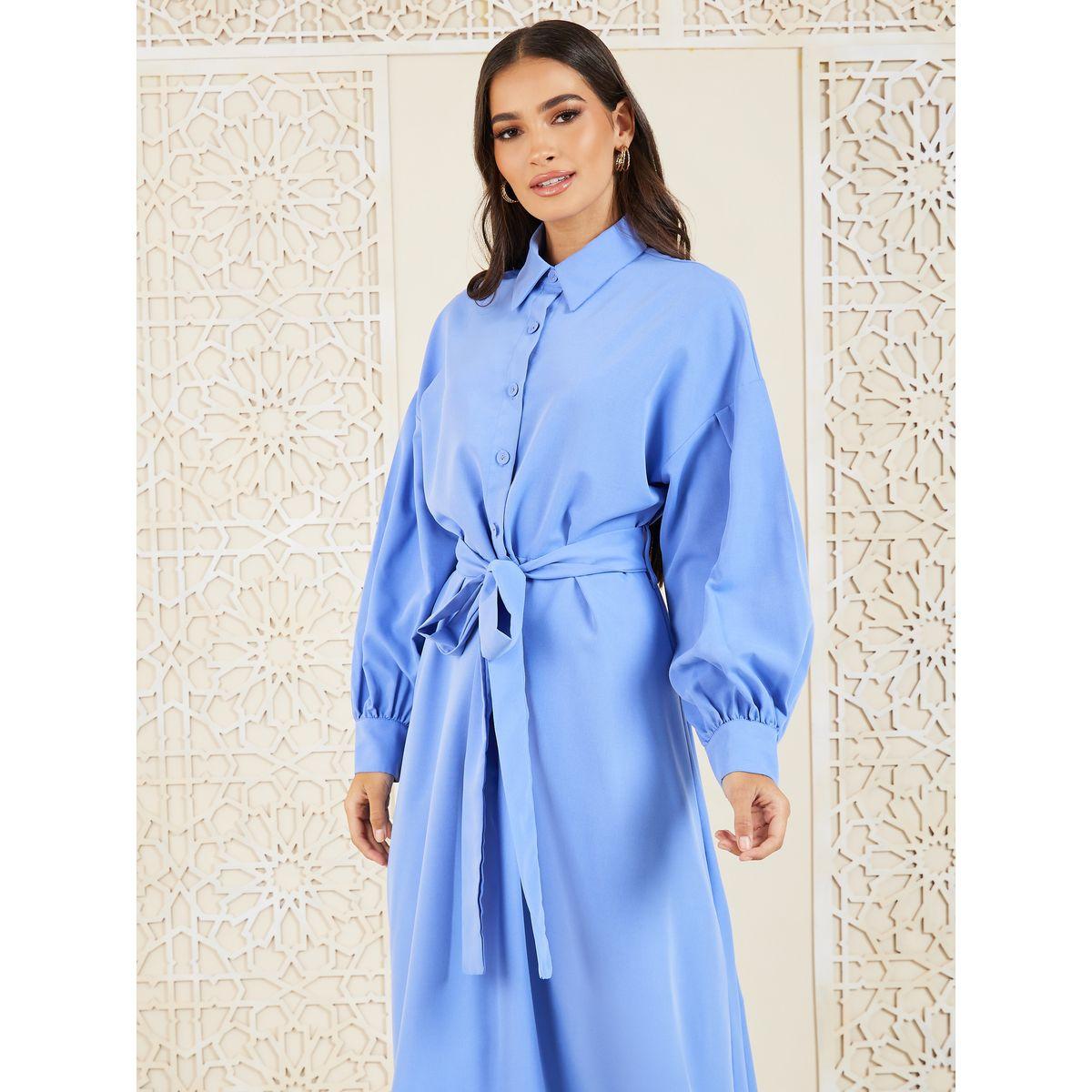 Styli Solid Collared A-Line Shirt Maxi Dress-women-clothing-dresses-image-2