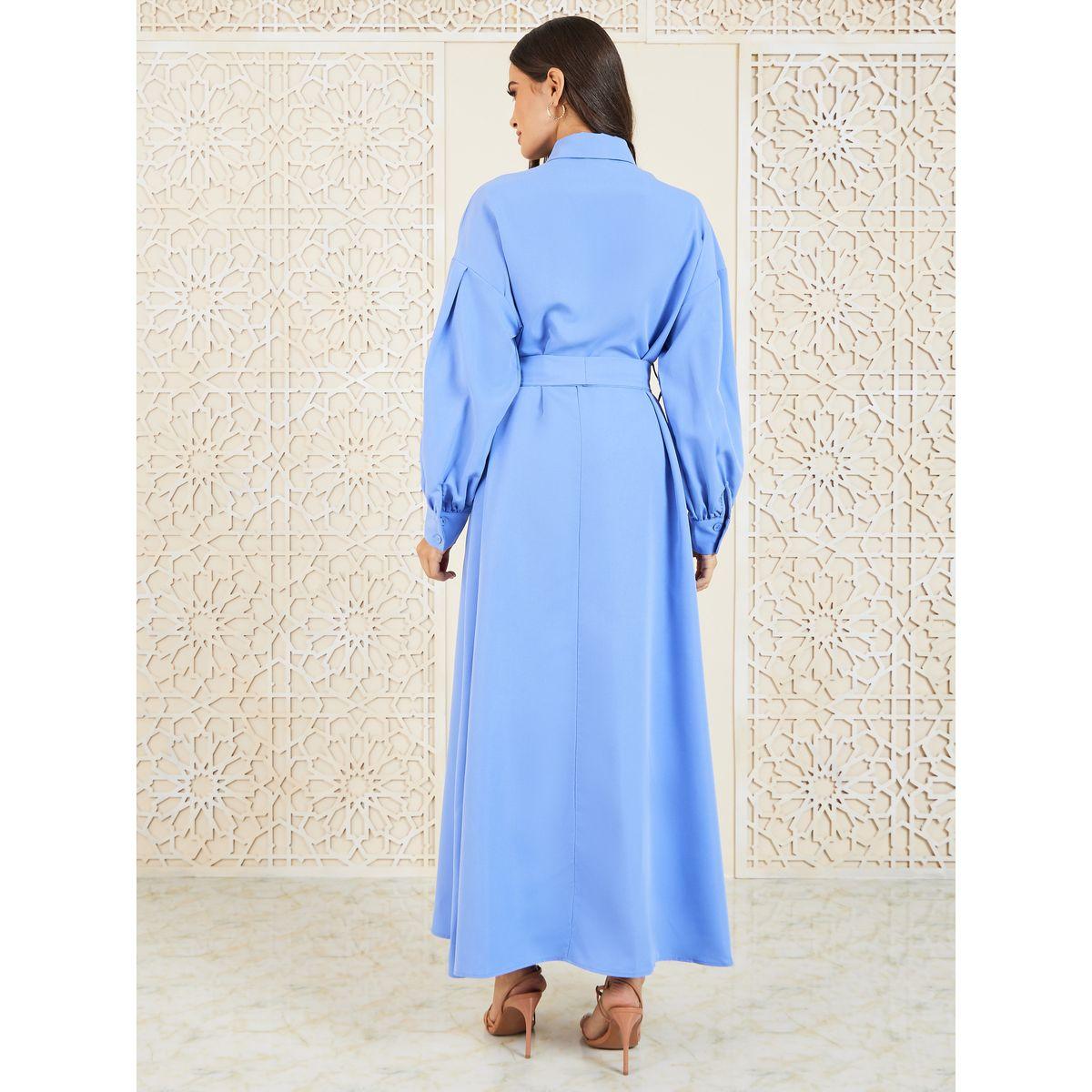 Styli Solid Collared A-Line Shirt Maxi Dress-women-clothing-dresses-image-4