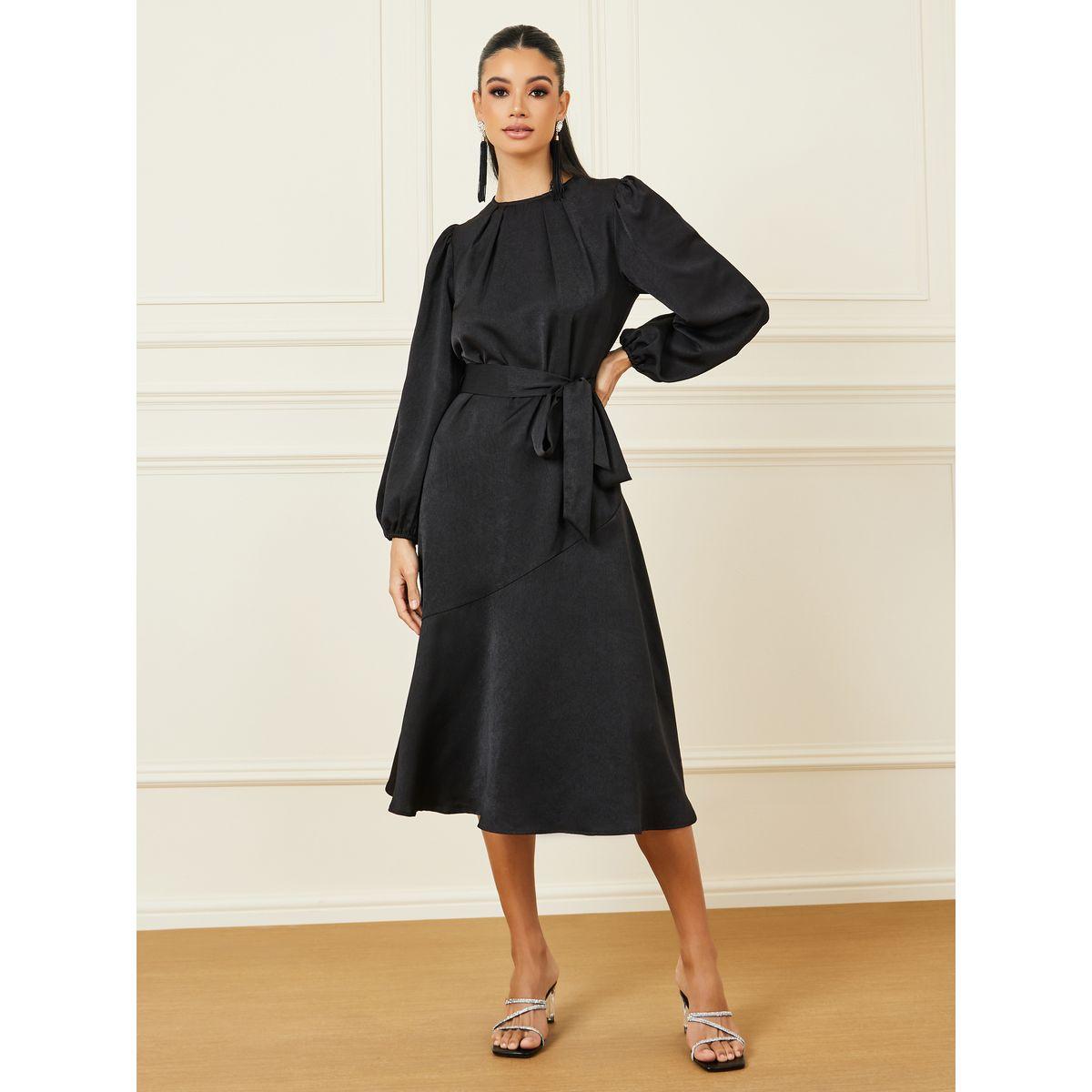 Styli Box Pleat Detail Neck Self Tie Up A-Line Midi Dress-women-clothing-dresses-image-1