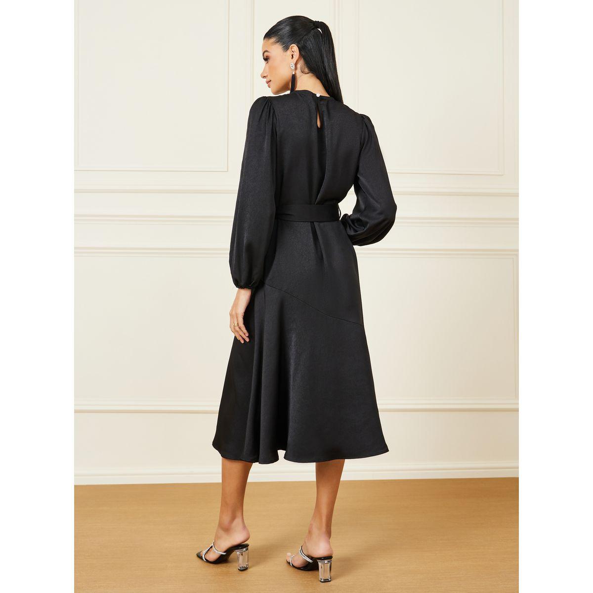 Styli Box Pleat Detail Neck Self Tie Up A-Line Midi Dress-women-clothing-dresses-image-4