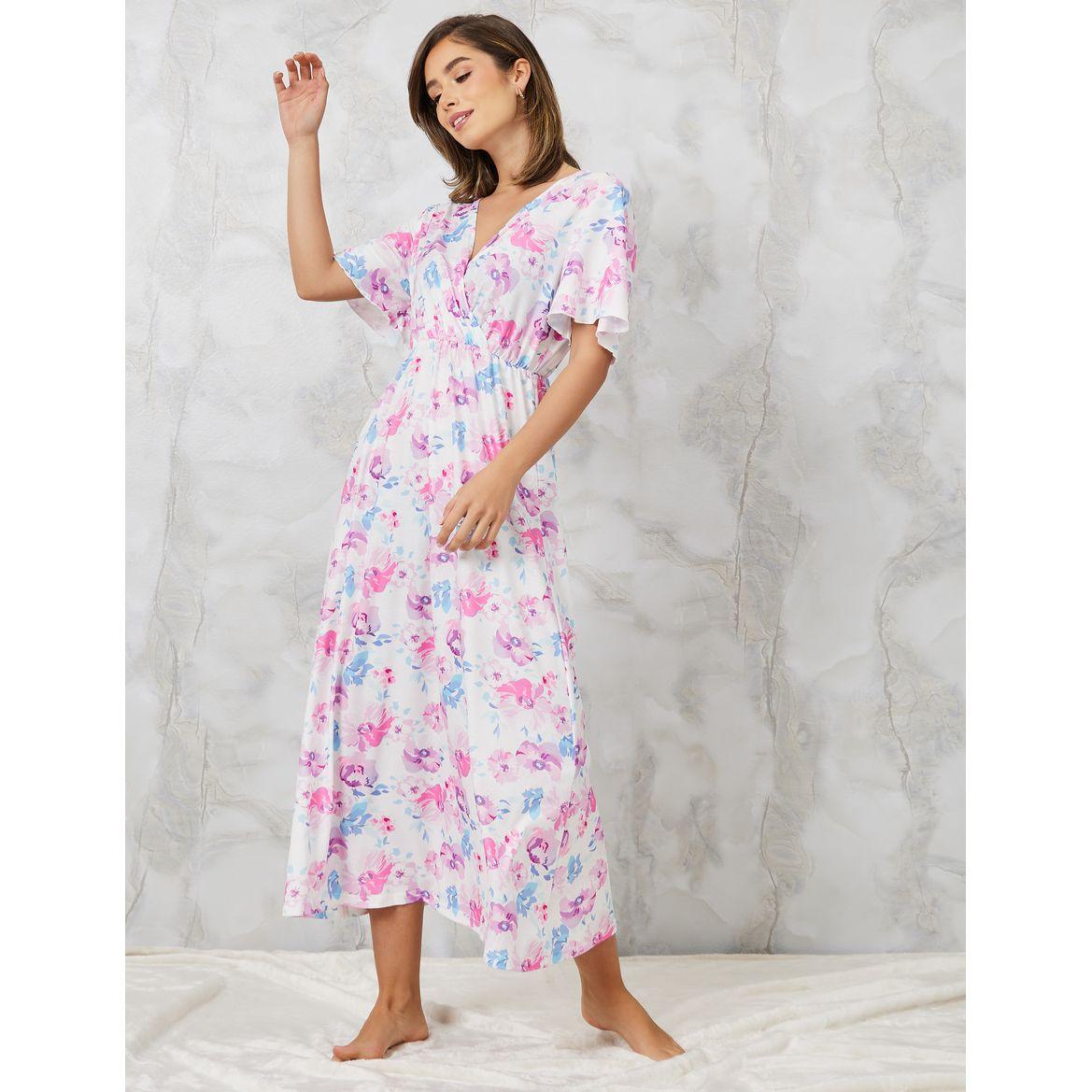 Styli Unwind Watercolor Floral Wrap Over Nightdress-women-clothing-nightwear-nighties-image-1