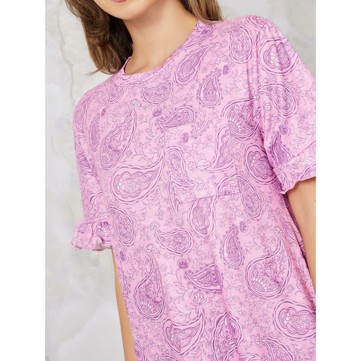 Styli Unwind Paisley Ruffle Sleeve Pocket Seep T-Shirt Dress-women-clothing-nightwear-nighties-image-3