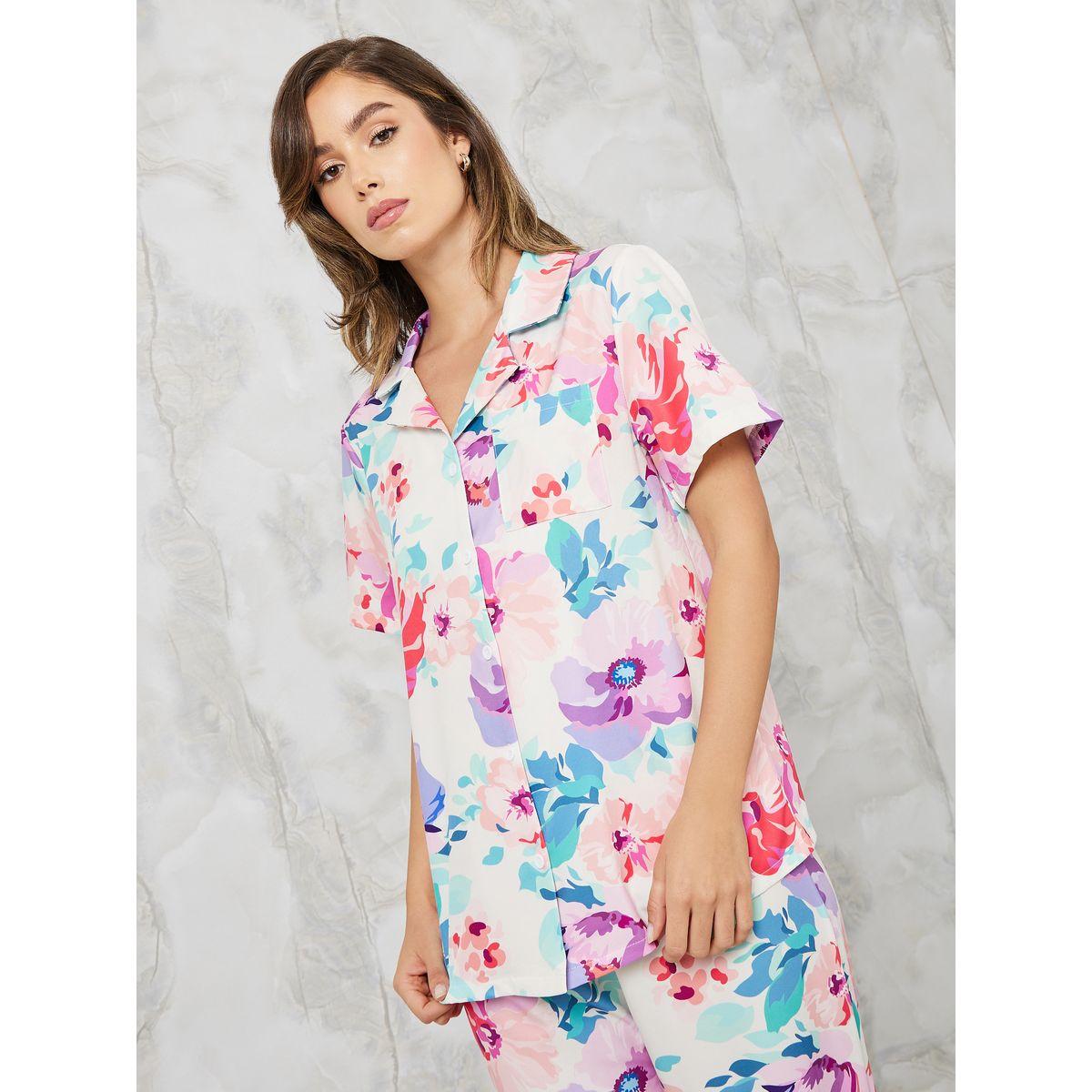 Styli Unwind Watercolor Floral Print Shirt & Pyjama Set-women-clothing-nightwear-pyjamas-longsets-image-2