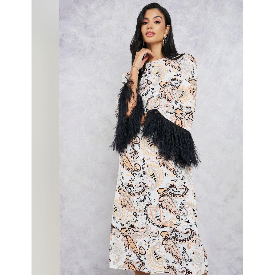 Styli Printed Faux Fur Sleeves Shift Midi Dress-women-clothing-dresses-image-1