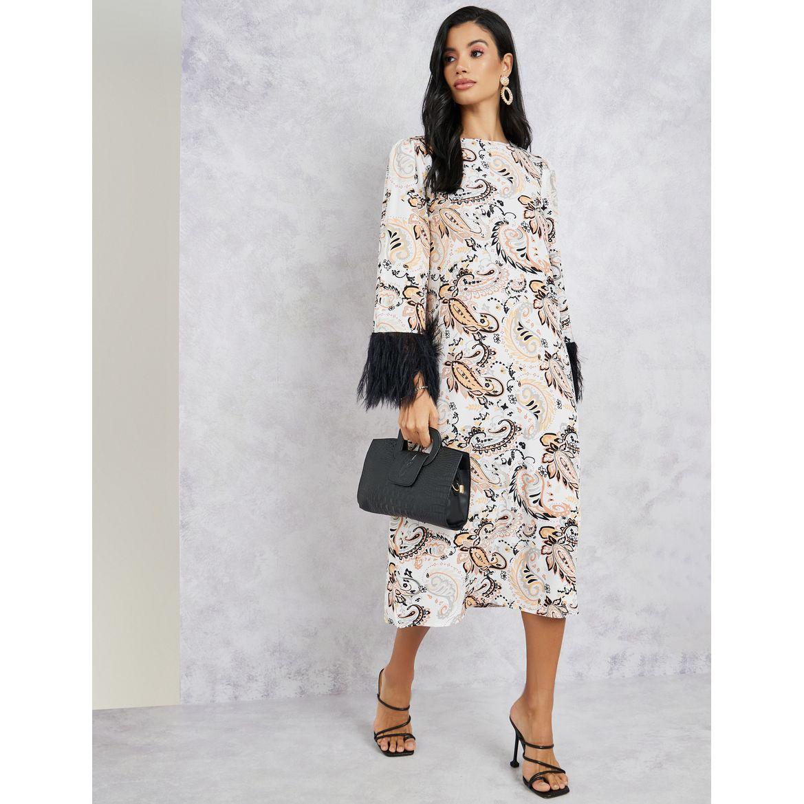 Styli Printed Faux Fur Sleeves Shift Midi Dress-women-clothing-dresses-image-2