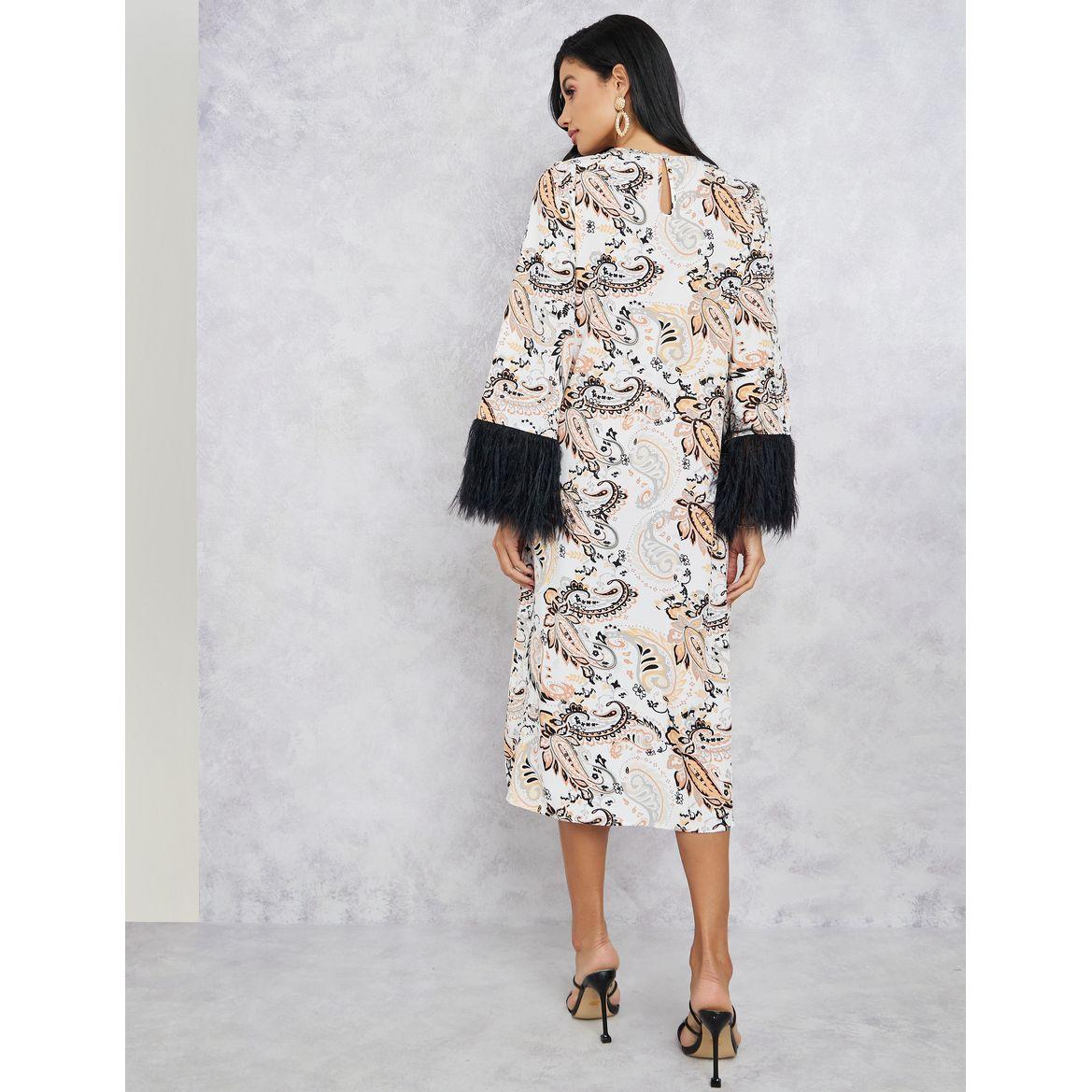 Styli Printed Faux Fur Sleeves Shift Midi Dress-women-clothing-dresses-image-4
