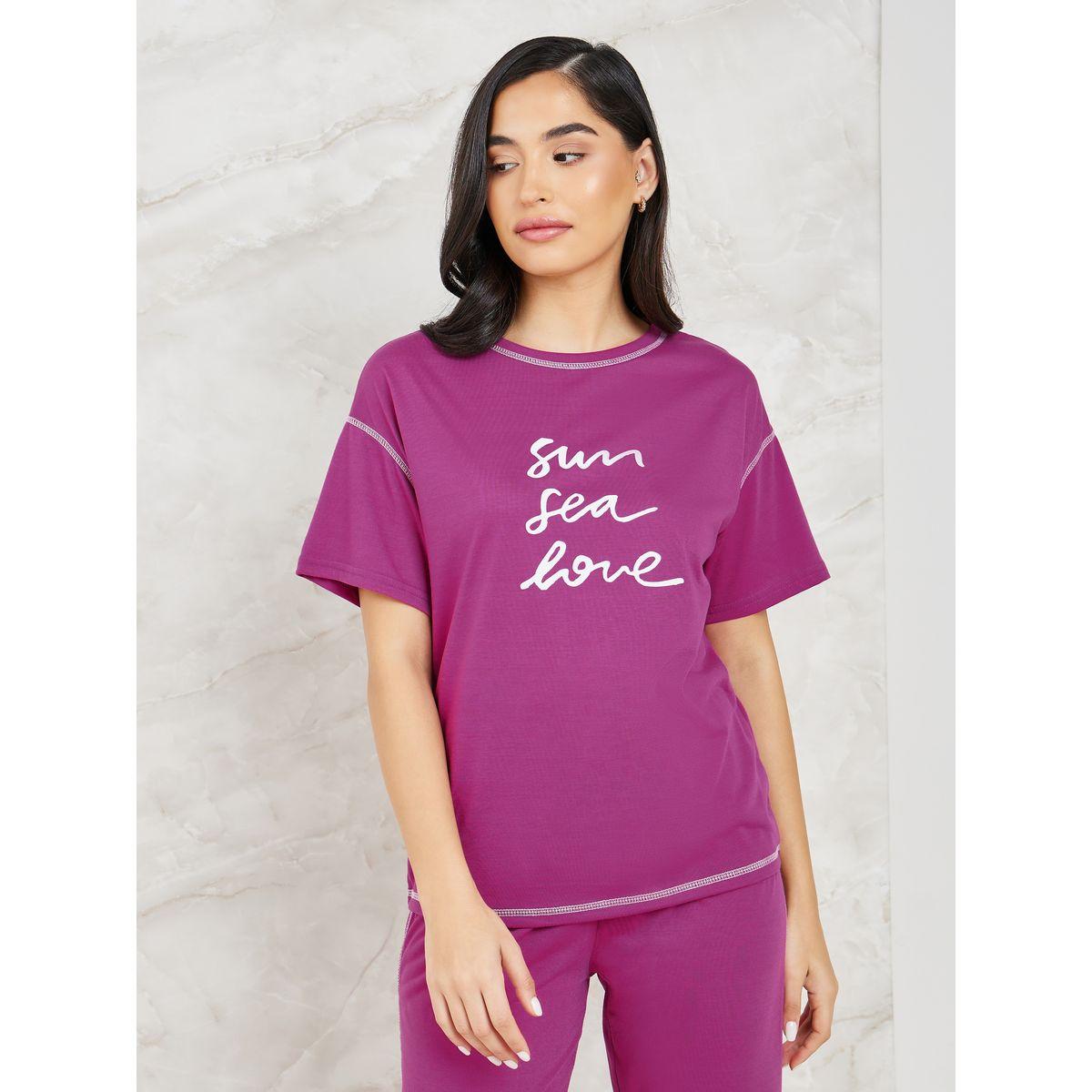 Styli Unwind Slogan Contrast Stitch T-Shirt & Pyjama Set-women-clothing-nightwear-pyjamas-longsets-image-2