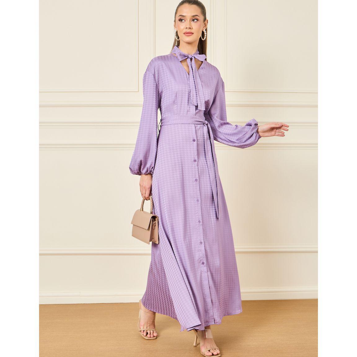 Styli Satin Houndstooth Pattern Tie-Up Neck Maxi Dress-women-clothing-dresses-image-1