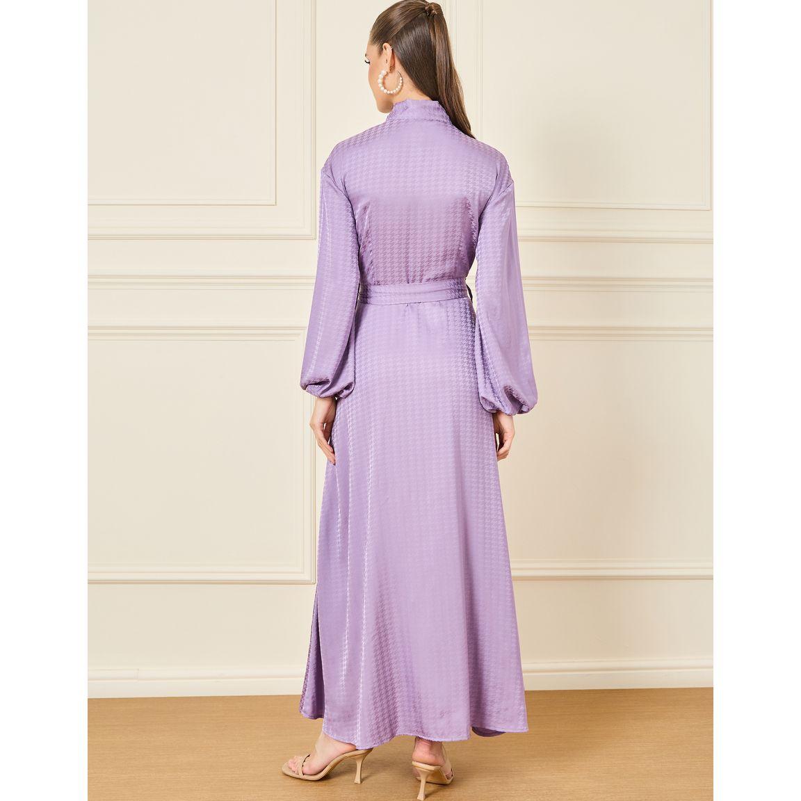 Styli Satin Houndstooth Pattern Tie-Up Neck Maxi Dress-women-clothing-dresses-image-4