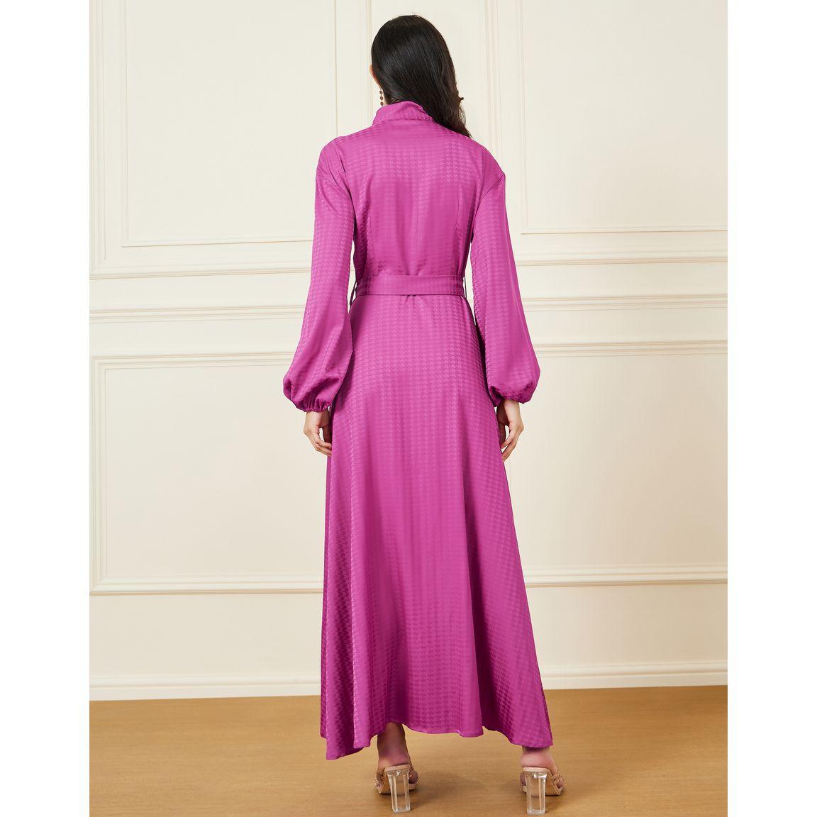 Styli Satin Houndstooth Pattern Tie-Up Neck Maxi Dress-women-clothing-dresses-image-4