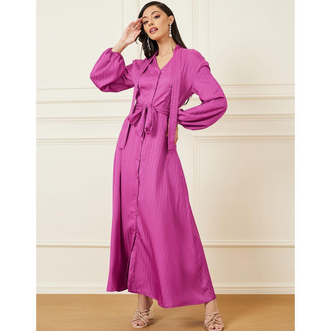 Styli Satin Houndstooth Pattern Tie-Up Neck Maxi Dress-women-clothing-dresses-image-5