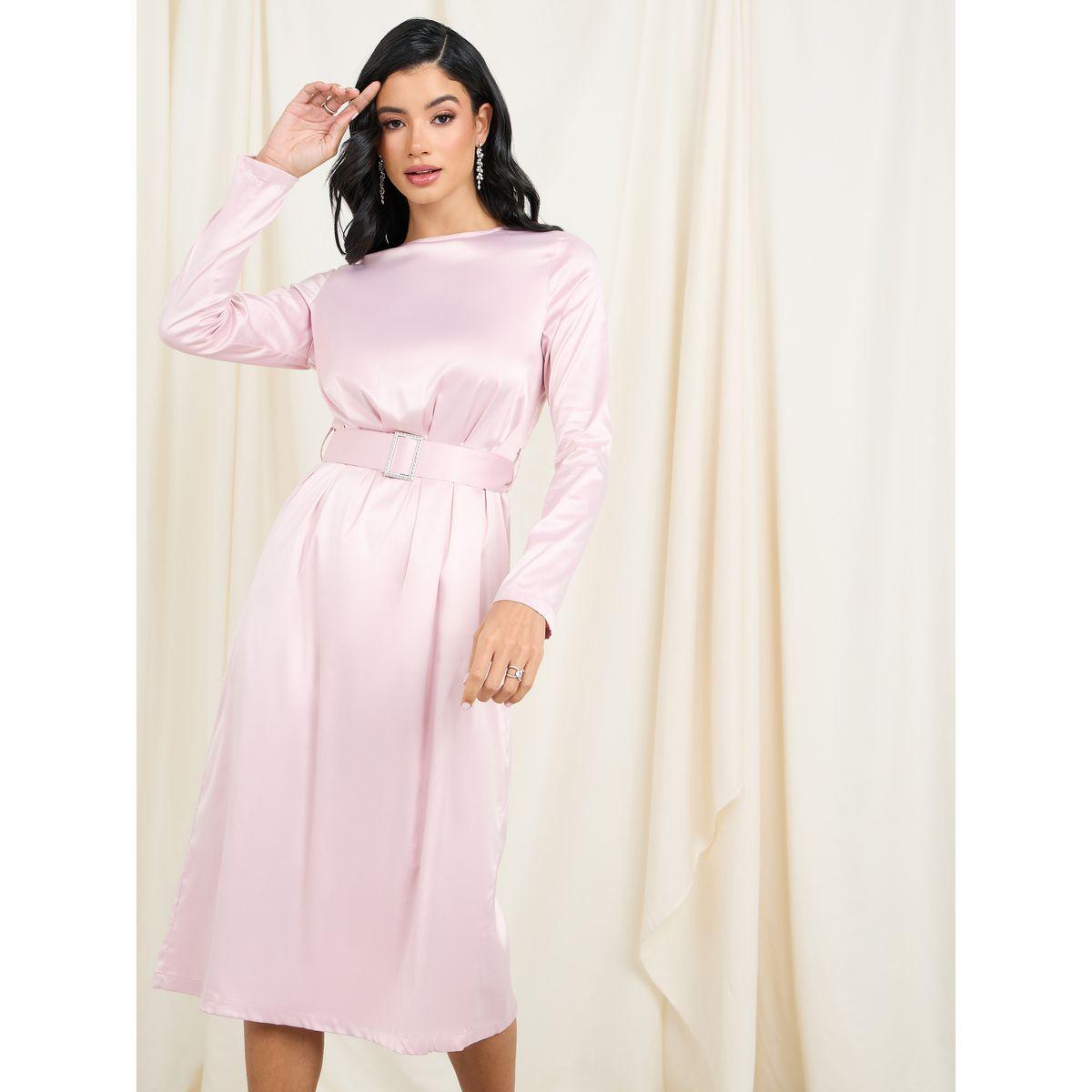 فستان ميدي ميدي مزخرف بحزام مشبك من ستيلي ساتان-women-clothing-dresses-image-2
