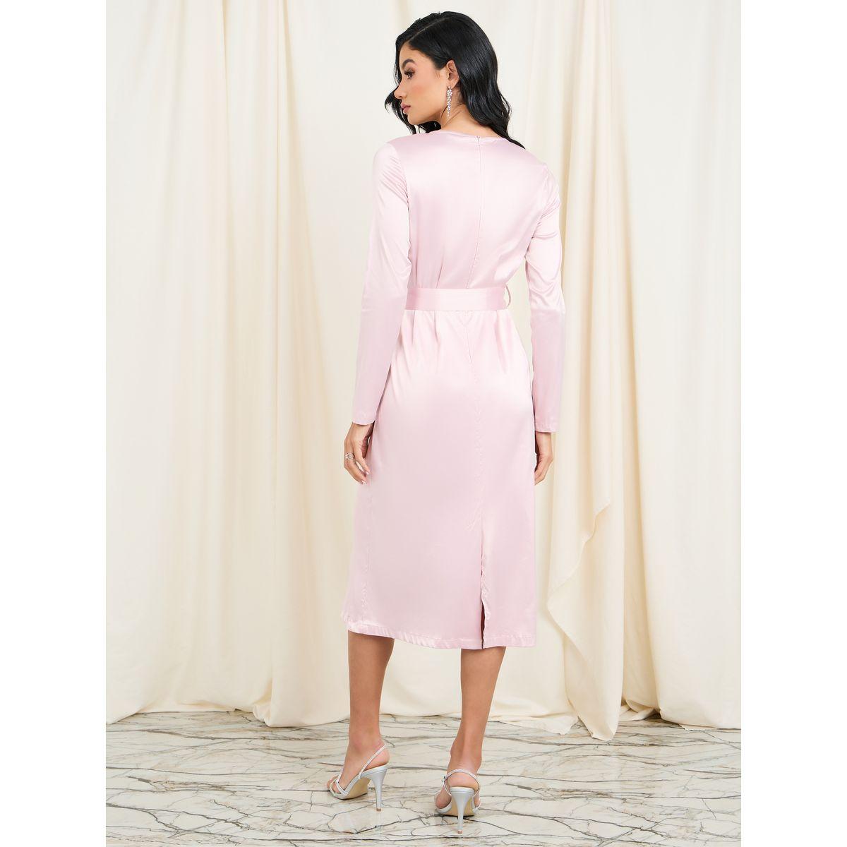 فستان ميدي ميدي مزخرف بحزام مشبك من ستيلي ساتان-women-clothing-dresses-image-4