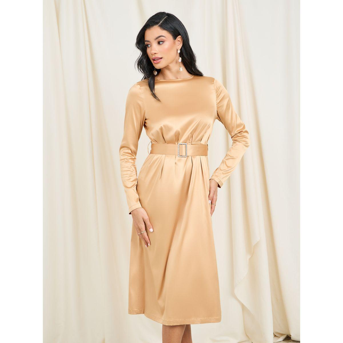 فستان ميدي ميدي مزخرف بحزام مشبك من ستيلي ساتان-women-clothing-dresses-image-2
