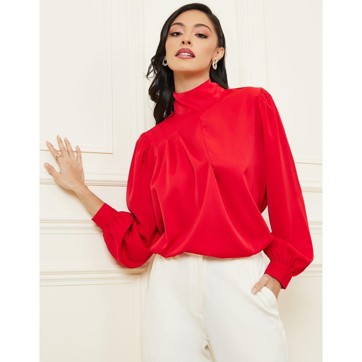 Styli Solid High Neck Blouse with Fold Pleats-women-clothing-shirtsandblouses-blouses-image-1