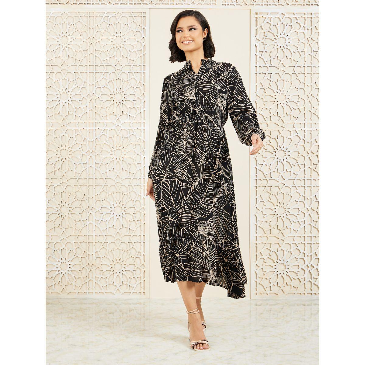 فستان ميدي بكسرات مع ياقة بشق-women-clothing-dresses-image-2