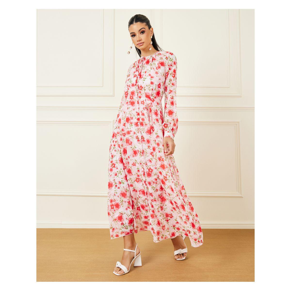Styli Floral Print Tie Up Neck Button Closure A-Line Maxi Dress-women-clothing-dresses-image-1