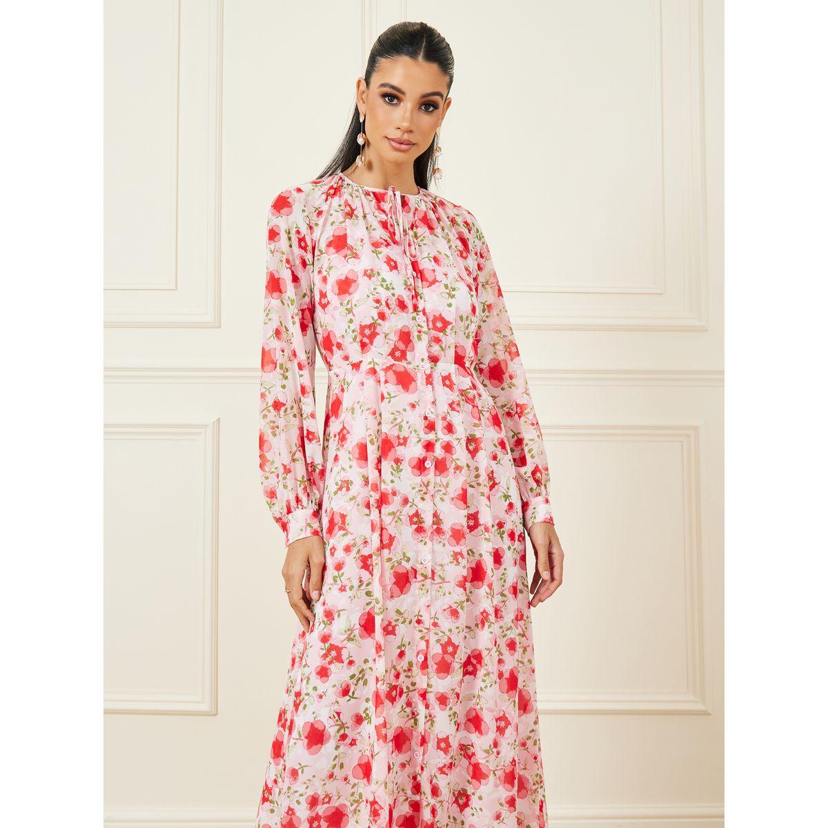 Styli Floral Print Tie Up Neck Button Closure A-Line Maxi Dress-women-clothing-dresses-image-2