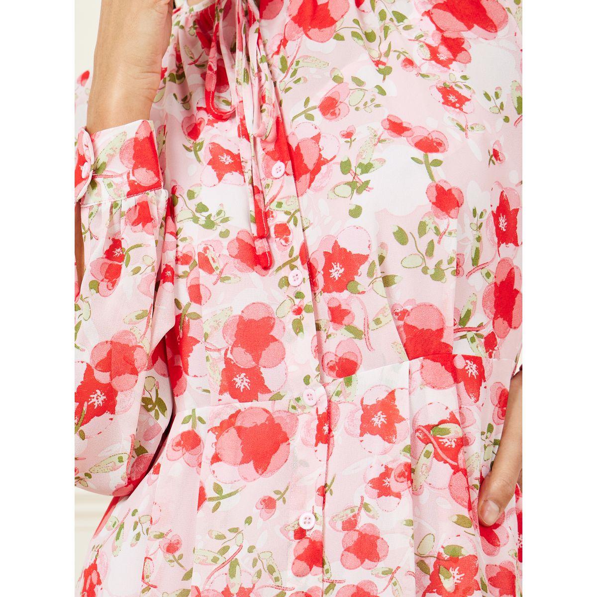 Styli Floral Print Tie Up Neck Button Closure A-Line Maxi Dress-women-clothing-dresses-image-3