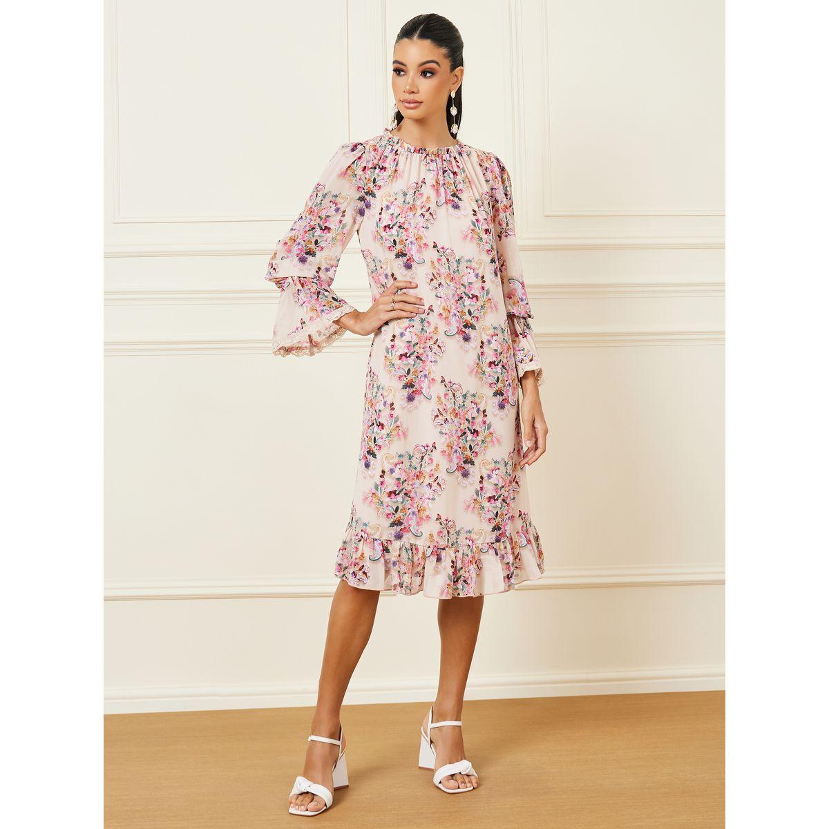 Styli Floral Print Lace Trim Shift  Knee Length Dress-women-clothing-dresses-image-1