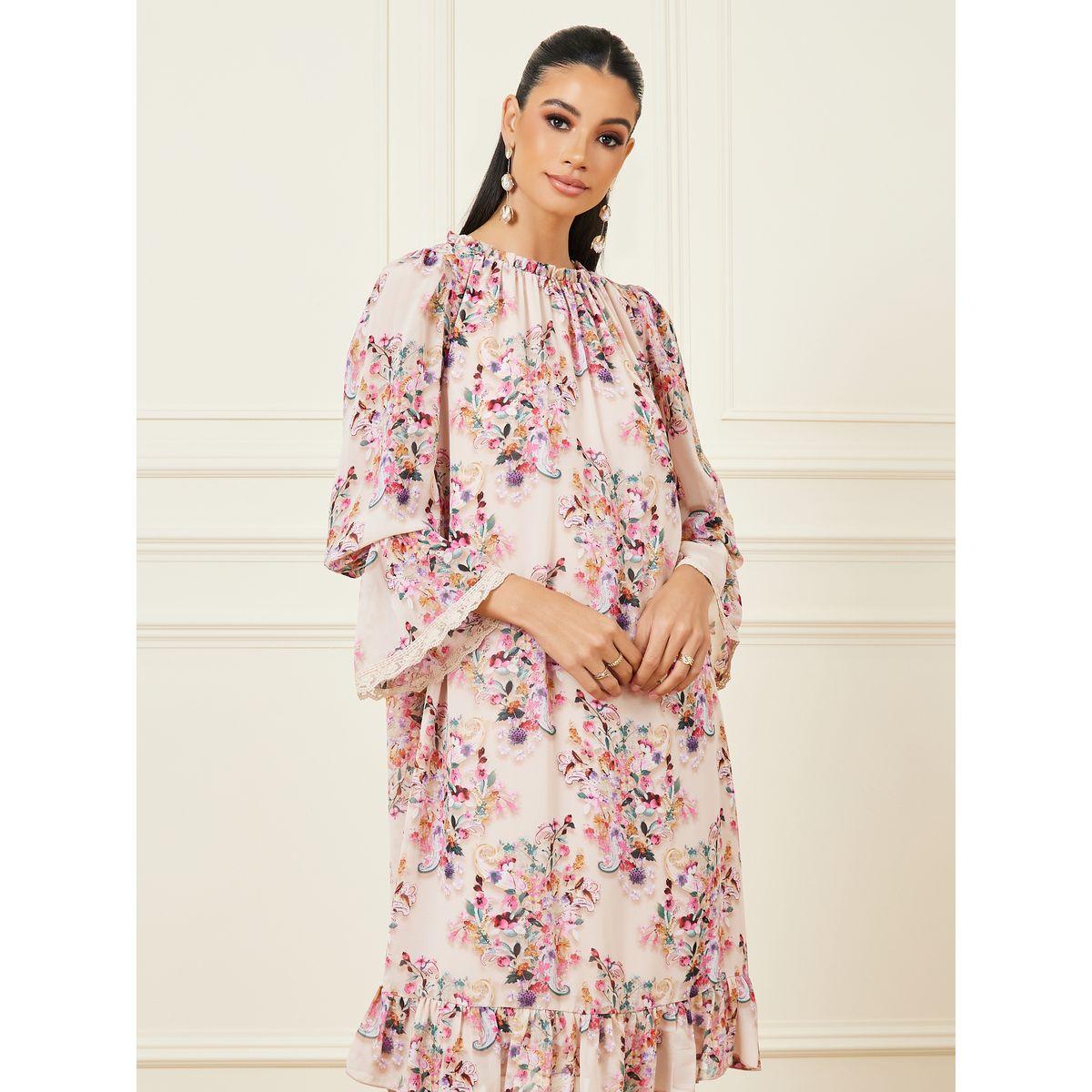 Styli Floral Print Lace Trim Shift  Knee Length Dress-women-clothing-dresses-image-2