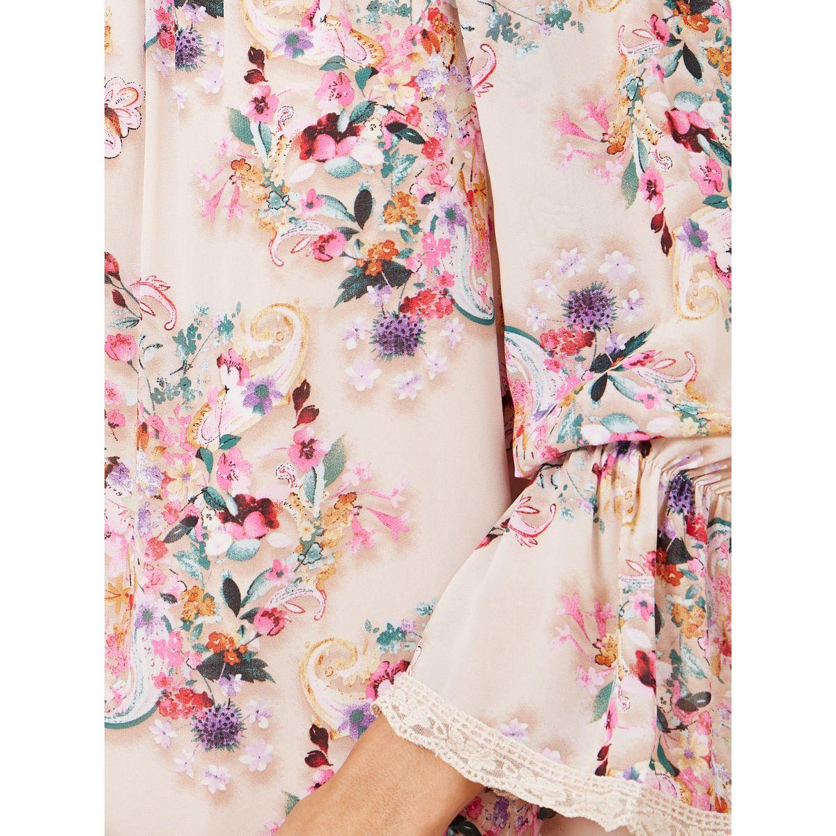 Styli Floral Print Lace Trim Shift  Knee Length Dress-women-clothing-dresses-image-3