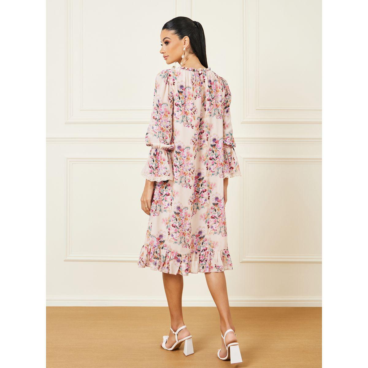 Styli Floral Print Lace Trim Shift  Knee Length Dress-women-clothing-dresses-image-4