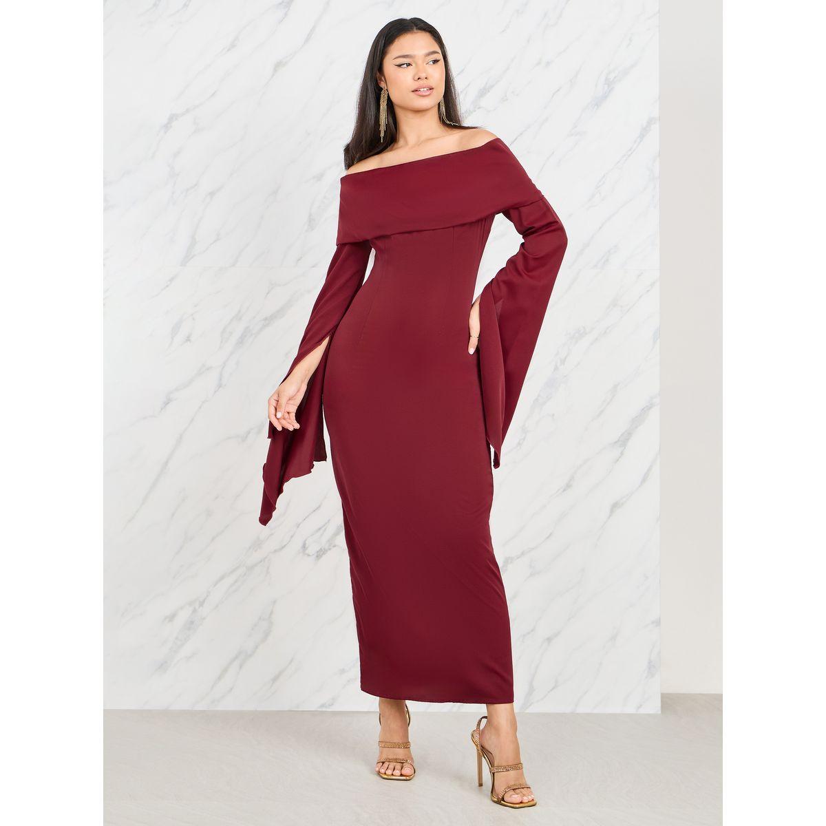Styli Off Shoulder Wide Flared Sleeves Shift Maxi Dress-women-clothing-dresses-image-1