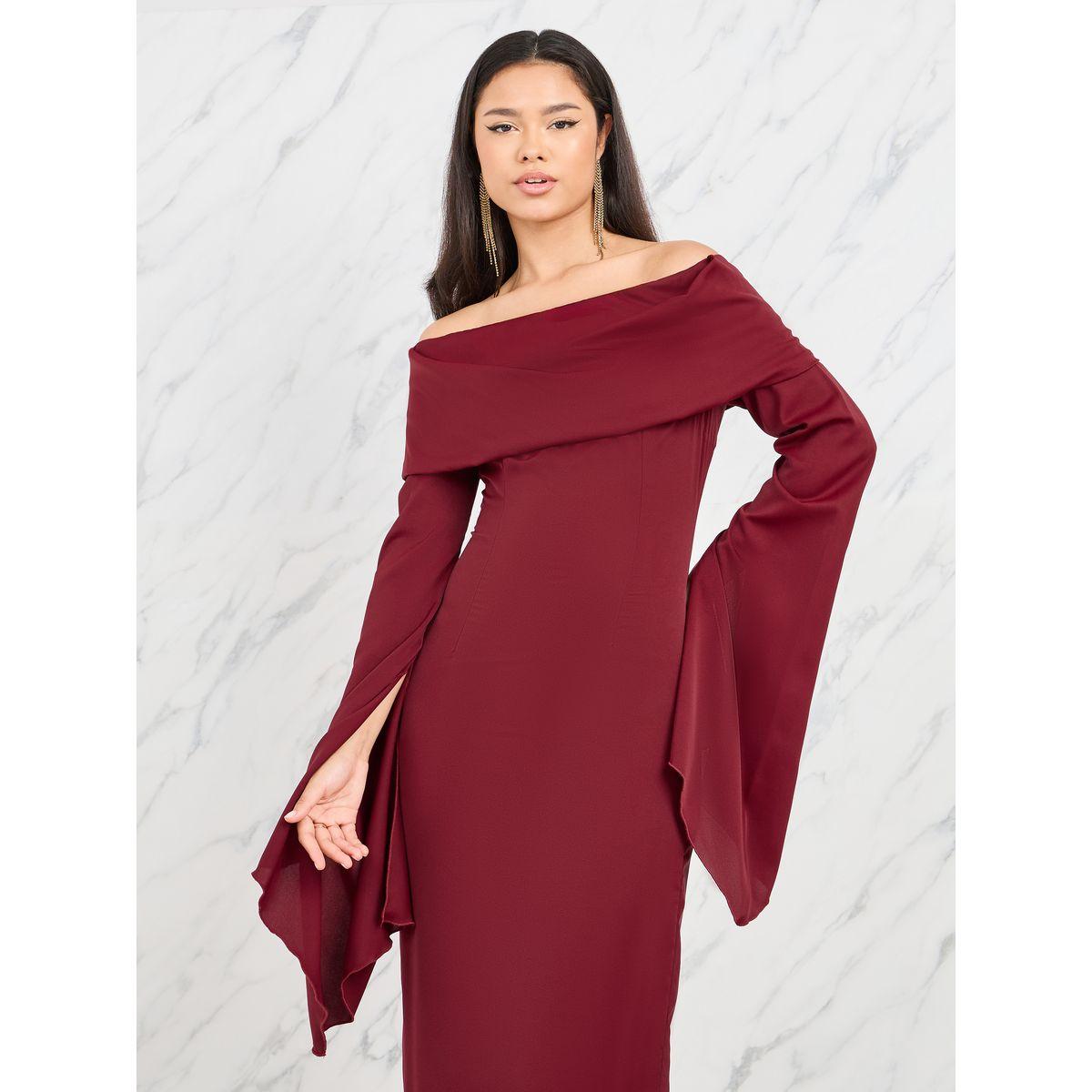 Styli Off Shoulder Wide Flared Sleeves Shift Maxi Dress-women-clothing-dresses-image-2