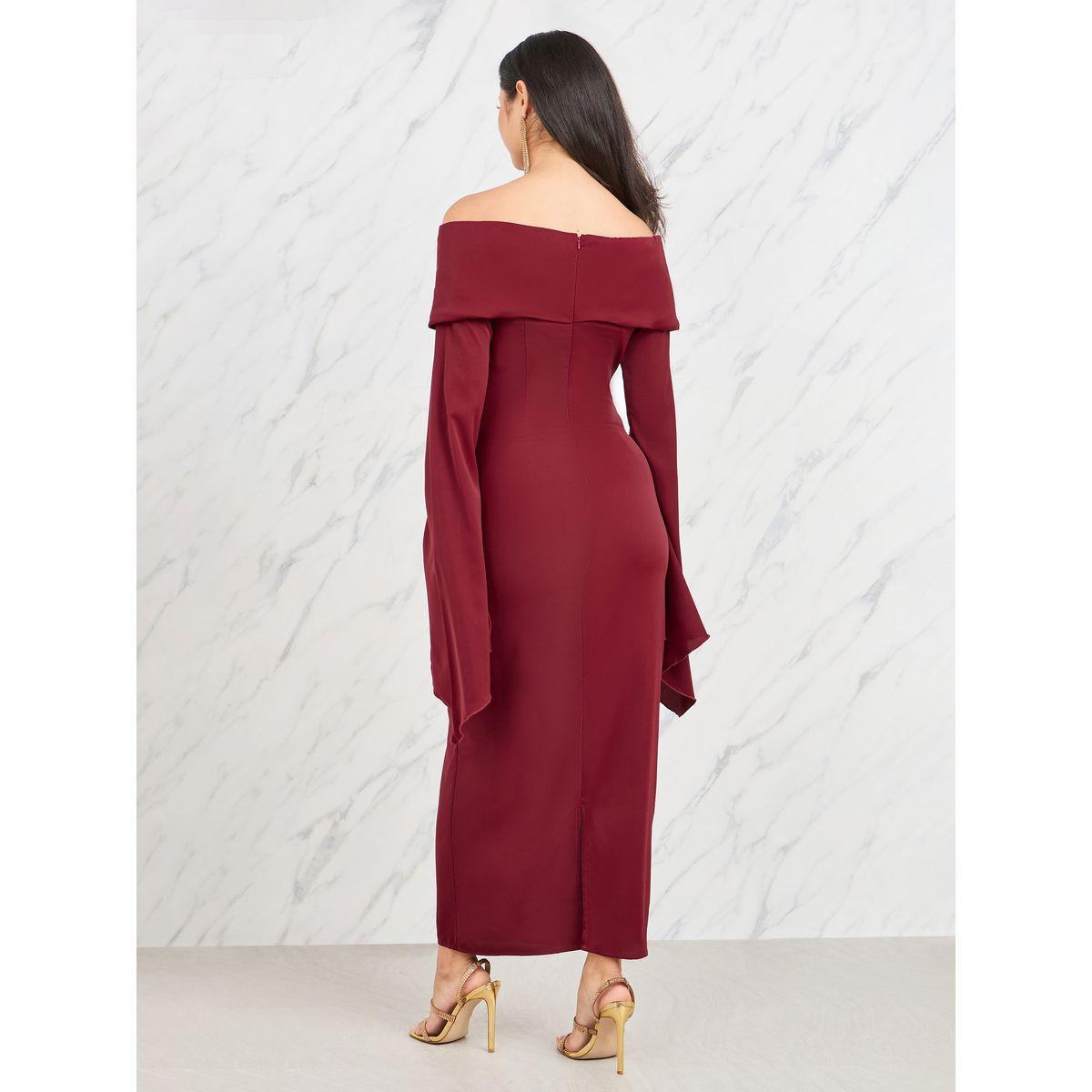 Styli Off Shoulder Wide Flared Sleeves Shift Maxi Dress-women-clothing-dresses-image-4