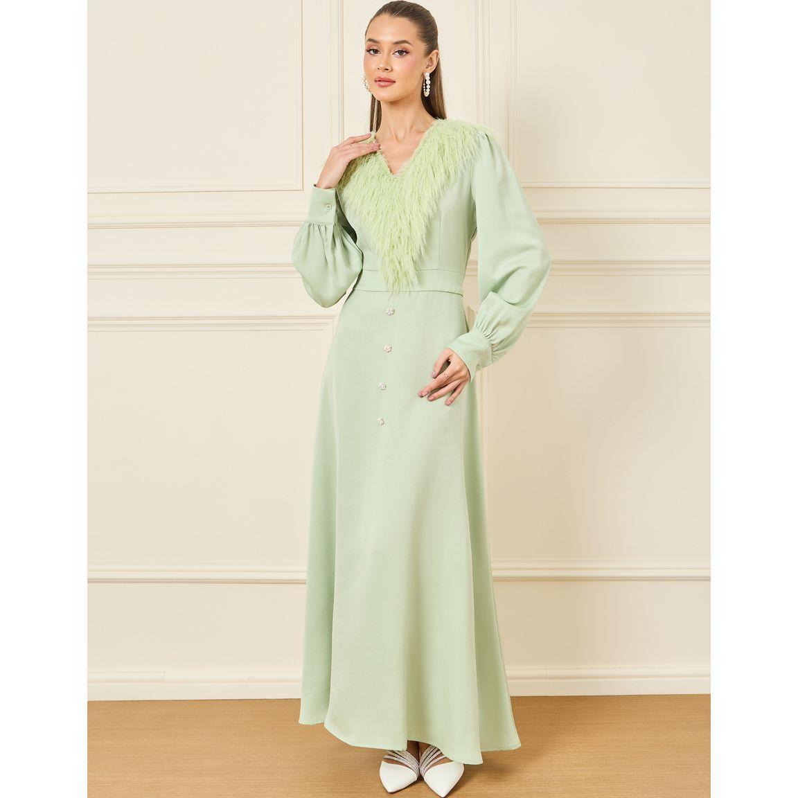 فستان طويل مزين بفرو صناعي-women-clothing-dresses-image-2