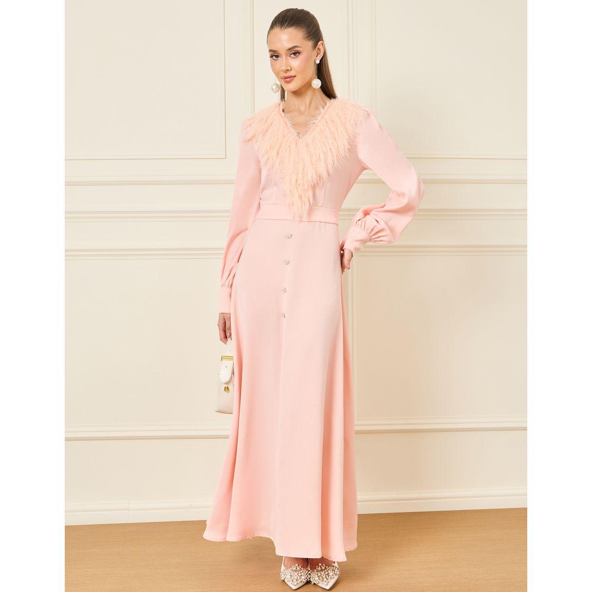 Styli Faux Fur Trim Button Detail Maxi Dress-women-clothing-dresses-image-1