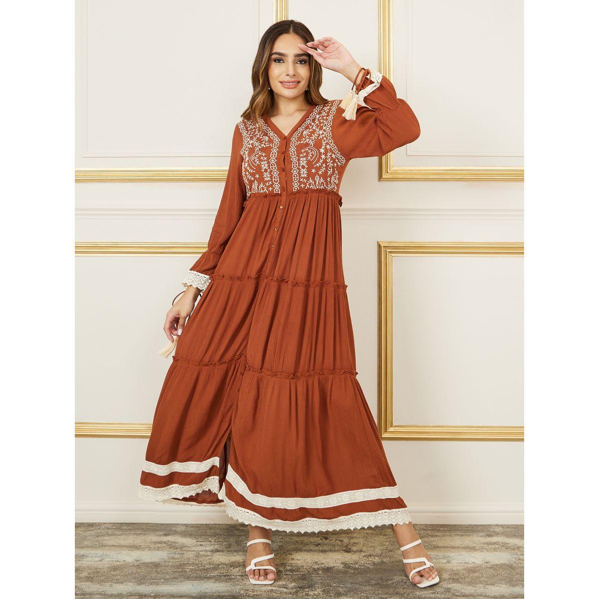 فستان ميدي بتفاصيل مُطرّزة مع دانتيل وكشكش-women-clothing-dresses-image-1