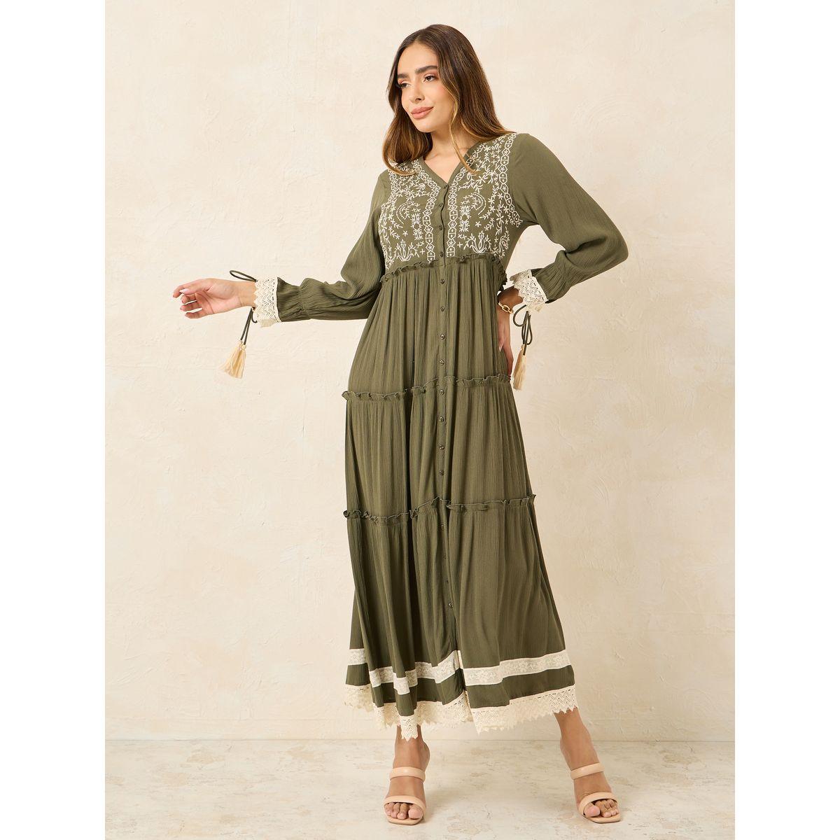 فستان ميدي بكسرات مع تفاصيل كشكش-women-clothing-dresses-image-1