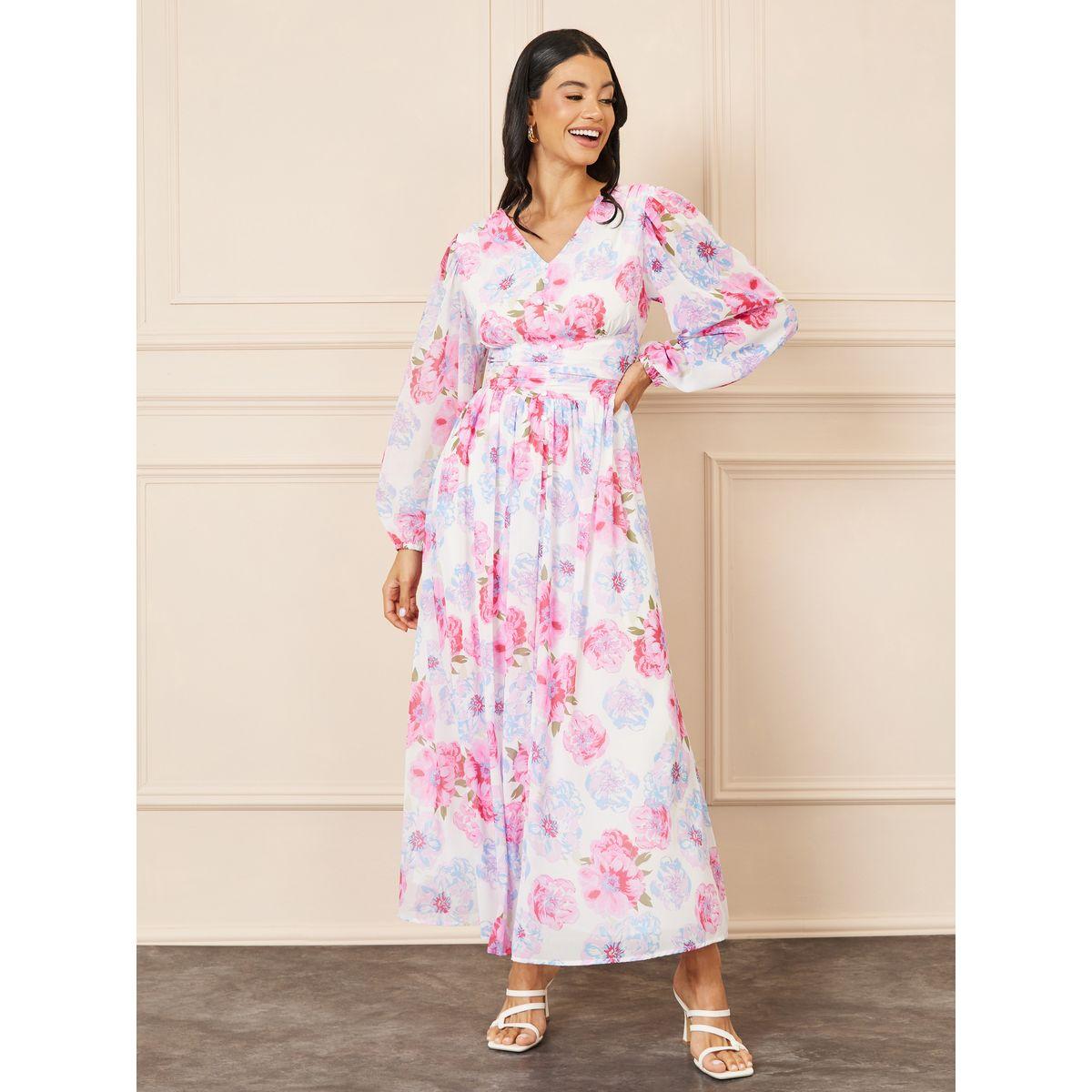 Styli Floral Print Pleated Waist Button Detail A-Line Maxi Dress-women-clothing-dresses-image-1