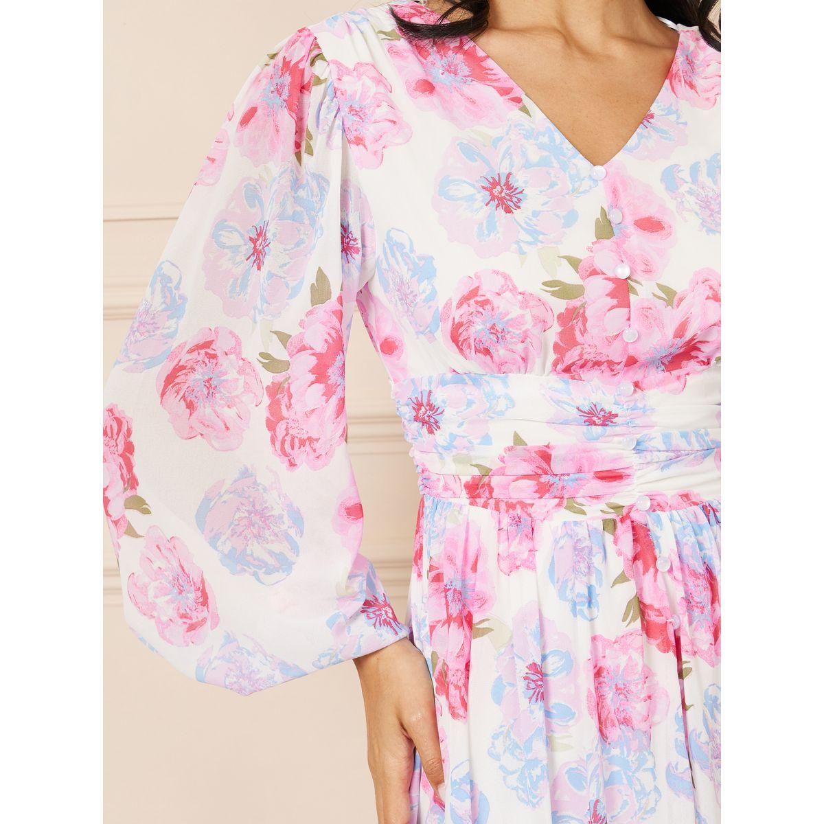 Styli Floral Print Pleated Waist Button Detail A-Line Maxi Dress-women-clothing-dresses-image-3