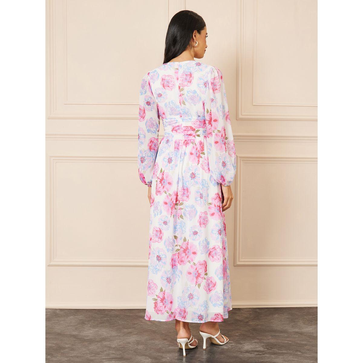 Styli Floral Print Pleated Waist Button Detail A-Line Maxi Dress-women-clothing-dresses-image-4