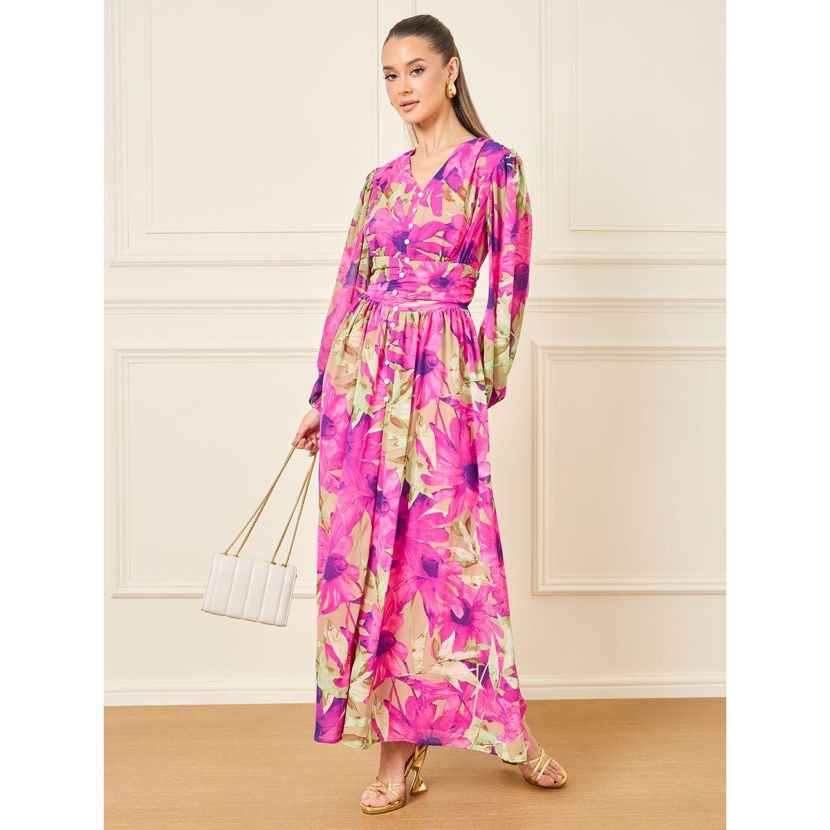 Styli Floral Print Pleated Waist Button Detail A-Line Maxi Dress-women-clothing-dresses-image-1