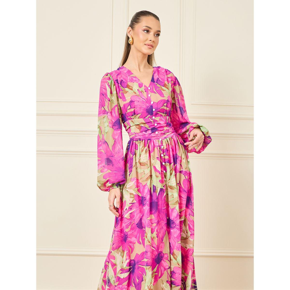 Styli Floral Print Pleated Waist Button Detail A-Line Maxi Dress-women-clothing-dresses-image-2