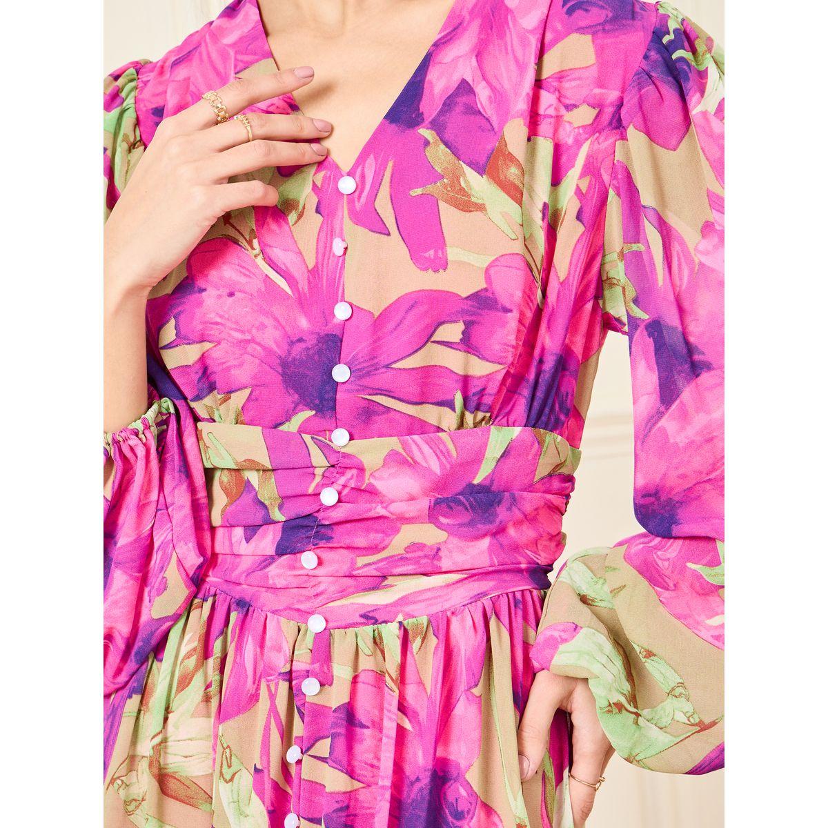 Styli Floral Print Pleated Waist Button Detail A-Line Maxi Dress-women-clothing-dresses-image-3