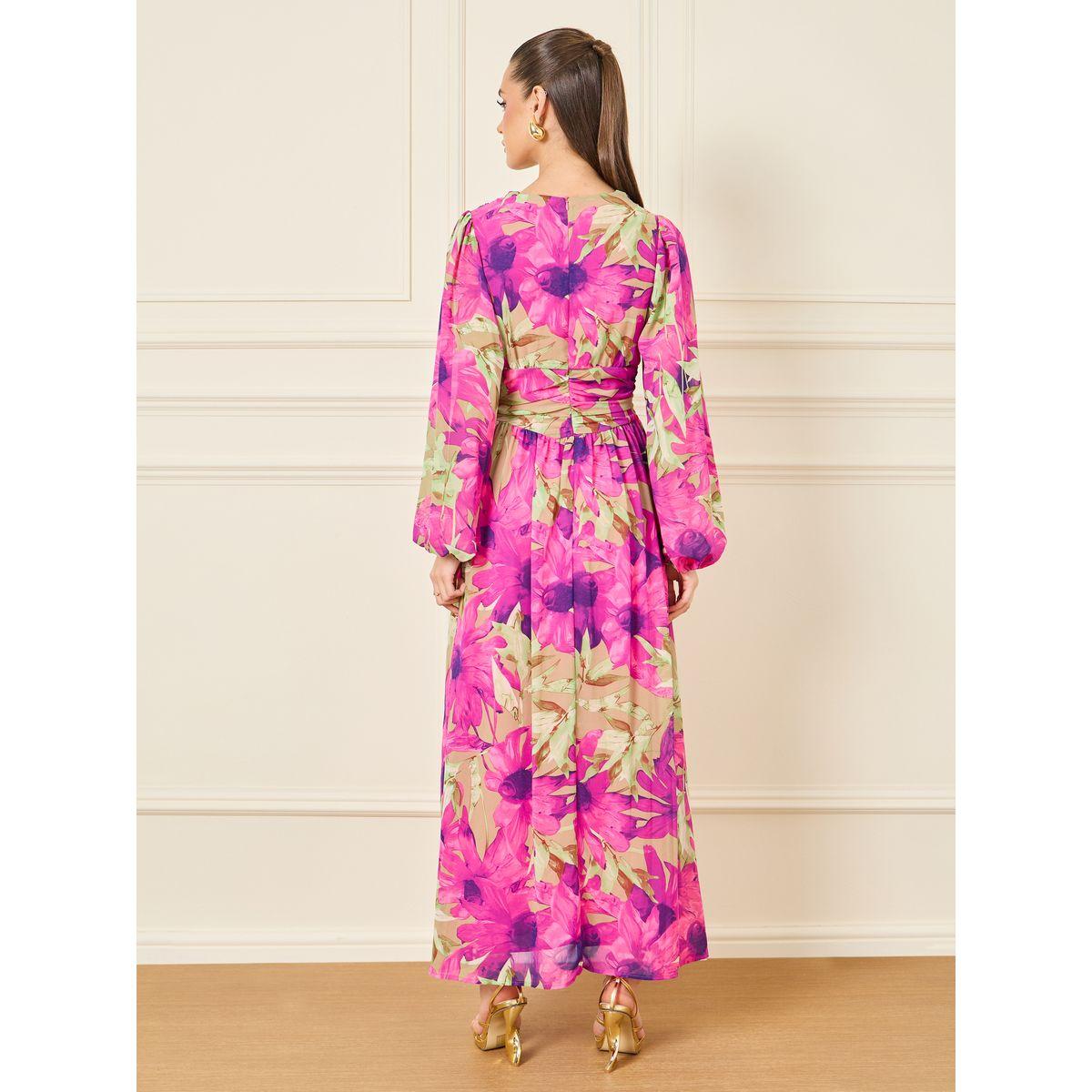 Styli Floral Print Pleated Waist Button Detail A-Line Maxi Dress-women-clothing-dresses-image-4