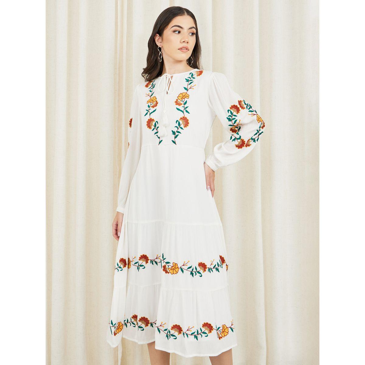 Styli Embroidered Tie Up Neck A-Line Midi Dress-women-clothing-dresses-image-1