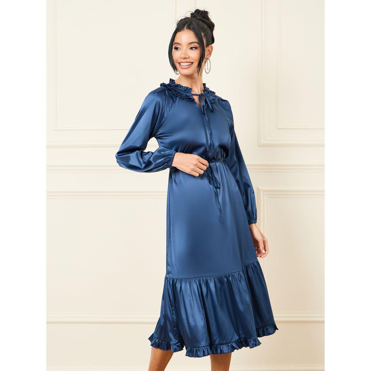 Styli Satin Ruffled Detail Tie Up Neck A-Line Midi Dress-women-clothing-dresses-image-1